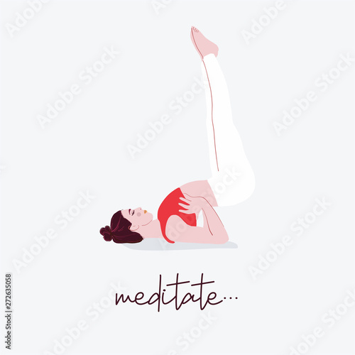 Woman yoga illustration with  typography Meditate.  Flat illustration  female sport quote. Exercise activity pose. Person  demonstrating various yoga positions Colorful flat vector drawing with text.