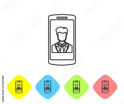 Grey Smartphone with contact on screen line icon isolated on white background. Incoming call. Human on phone screen. Call contact. Set icon in color rhombus buttons. Vector Illustration