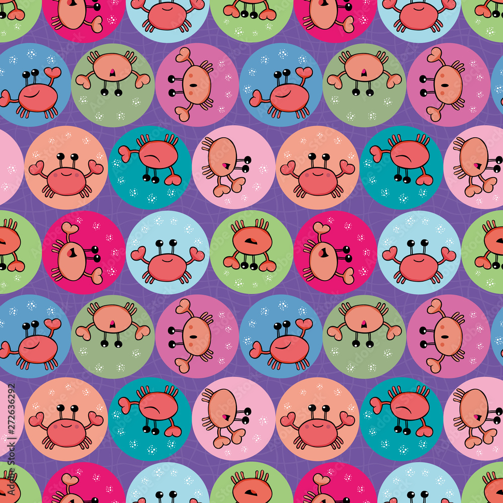 Cute orange crab juggling with bubbles. Seamless geometric multidirectional vector pattern with circles on grid textured purple background. Great for party, kids products, packaging, stationery, gifts Cute orange crab juggling with bubbles. Seamless geometric multidirectional vector pattern with circles on grid textured purple background. Great for party, kids products, packaging, stationery, gifts