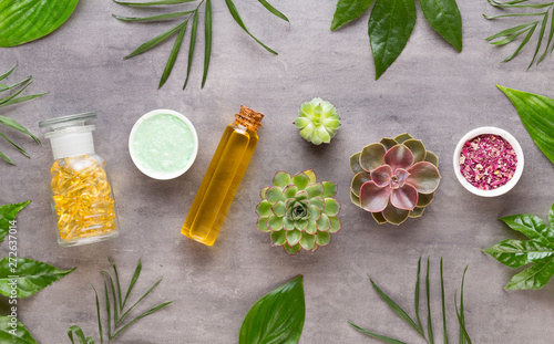 Spa background with hand made bio cosmetic and cactus composition, flat lay, space for a text - Image.