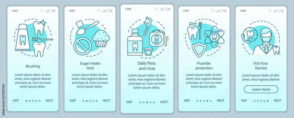 Oral hygiene routine onboarding mobile app page screen with linear concepts