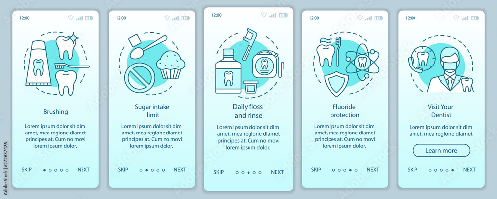 Obraz premium Oral hygiene routine onboarding mobile app page screen with linear concepts