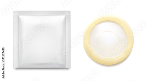 Realistic condom with package. Vector illustration. Easy to use for presentation your product, idea, design. EPS10.