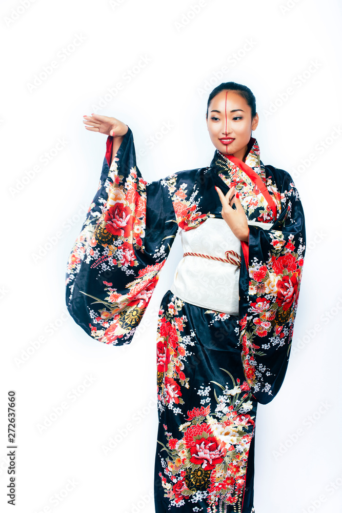 young pretty real geisha in kimono with sakura and decoration on white background isolated young pretty real geisha in kimono with sakura and decoration on white background isolated