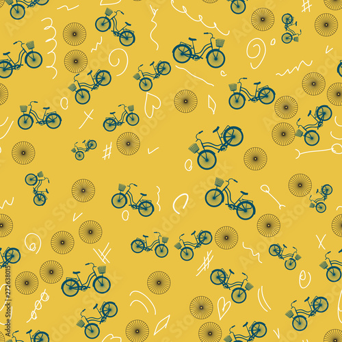 Seamless pattern with bicycles, wheels and doodles