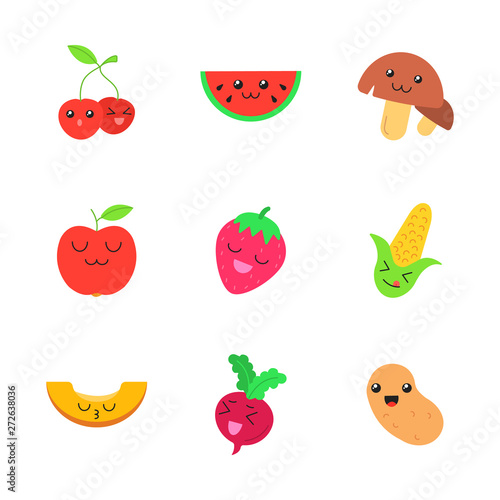 Fototapeta Naklejka Na Ścianę i Meble -  Vegetables and fruits cute kawaii flat design long shadow characters set