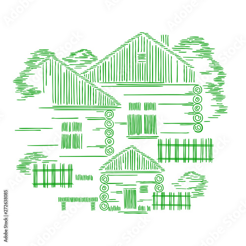 Vector decorative graphic composition with three wooden houses. The concept of ecological traditional construction.