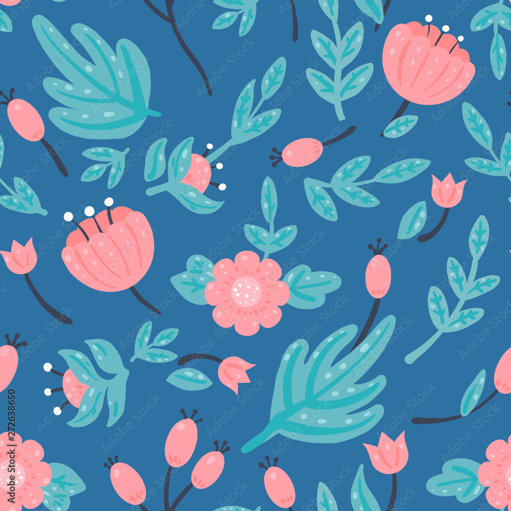 Fototapeta premium Cute floral pattern on a blue background
