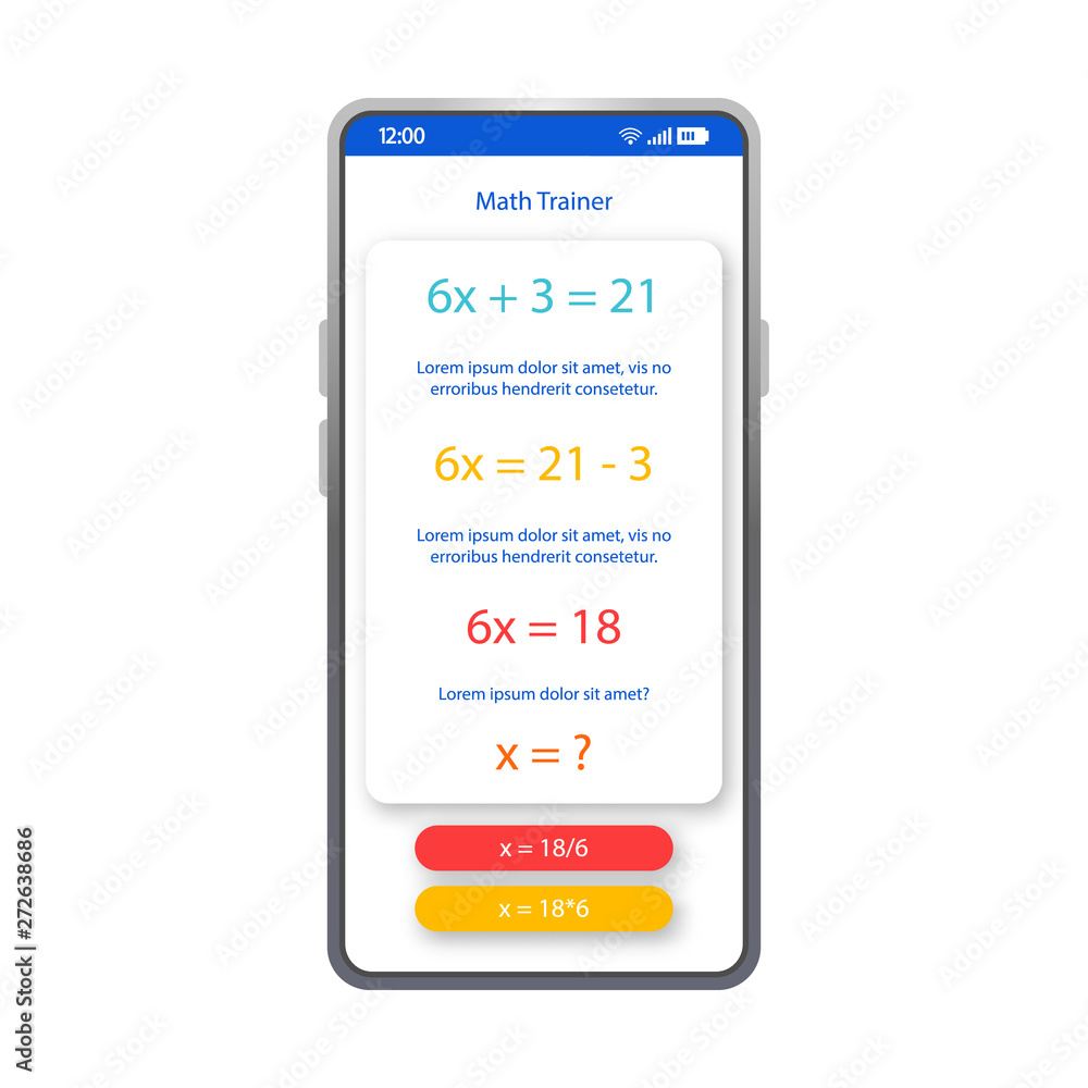Math trainer app smartphone interface vector template Math trainer app smartphone interface vector template