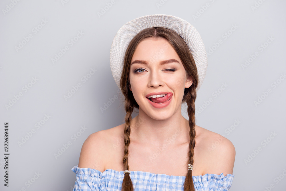 Close up photo of charming gorgeous magnificent lady attract males boys boyfriends feel rejoice fun content wear checked shirt plaid blouse isolated grey background trip Close up photo of charming gorgeous magnificent lady attract males boys boyfriends feel rejoice fun content wear checked shirt plaid blouse isolated grey background trip