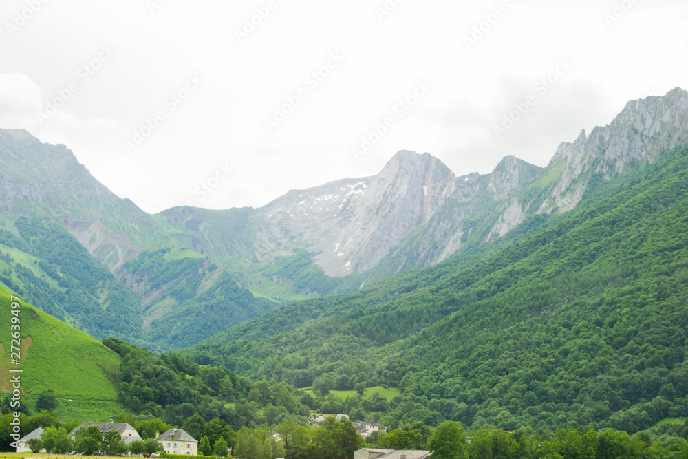 Green Landscape of Pirineos french part beautiful mountains and green colors cloudy day