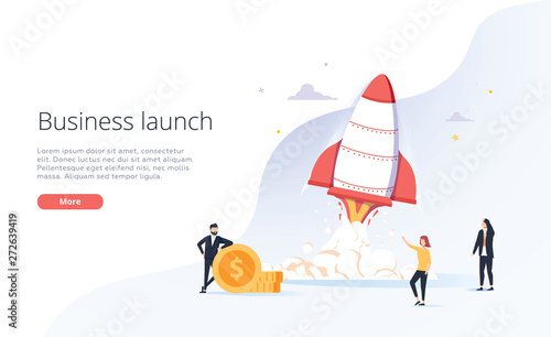 Business people launche rocket into the sky. Business growth. Business or IT startup, start up venture, entrepreneurship