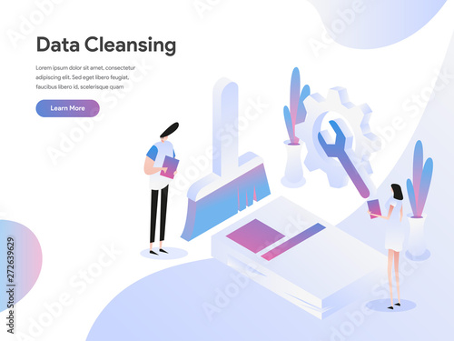 Landing page template of Data Cleansing Isometric Illustration Concept. Isometric flat design concept of web page design for website and mobile website.Vector illustration
