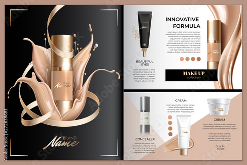 Advertising poster for cosmetic product for catalog, magazine. Design of cosmetic package. Advertising of foundation cream, concealer, base, BB cream. Realistic creamy texture photo