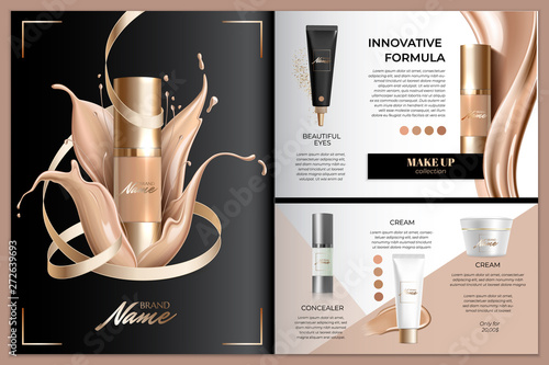 Advertising poster for cosmetic product for catalog, magazine. Design of cosmetic package. Advertising of foundation cream, concealer, base, BB cream. Realistic creamy texture