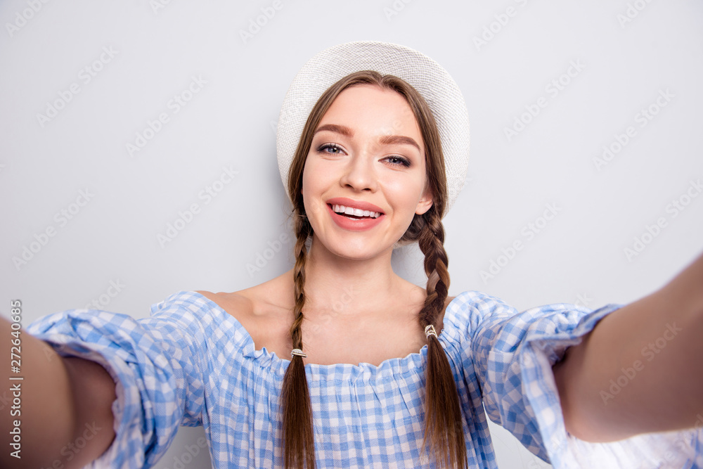 Close up photo of charming pretty funny funky teen teenager youth blog blogger make moment photo she her toothy wear checkered shirt blouse outfit isolated grey background Close up photo of charming pretty funny funky teen teenager youth blog blogger make moment photo she her toothy wear checkered shirt blouse outfit isolated grey background