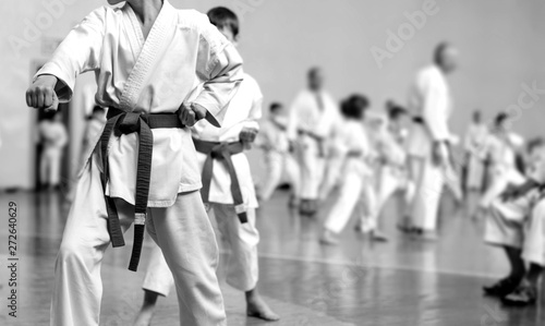 Martial arts art. Colored background with elements of movement and blur on the topic of children in karate. Without faces. For web design and printing.