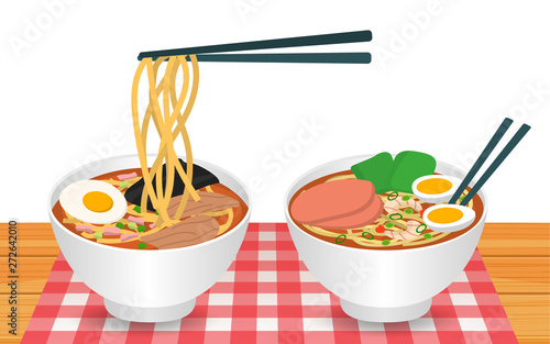 ramen in the bowl on the wooden table