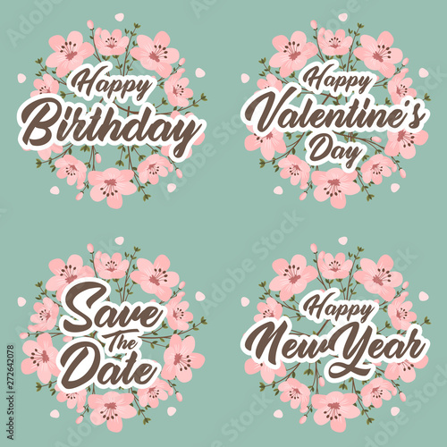 Greeting card template for happy birthday valentine s day and happy new year with flower wreath.