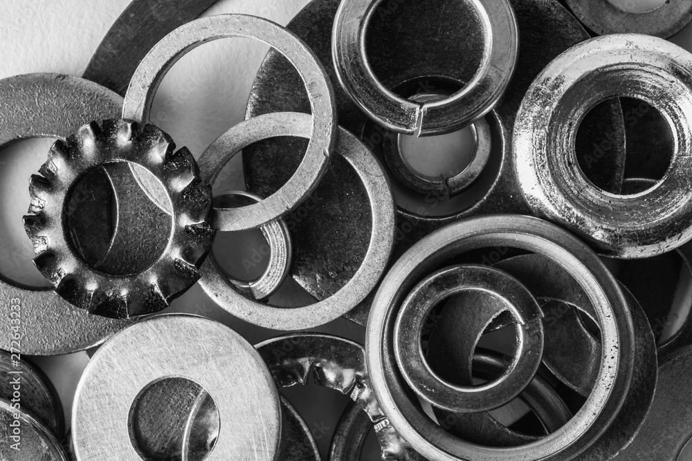 Divers industrial washers and rings. Various colorful washers rings on