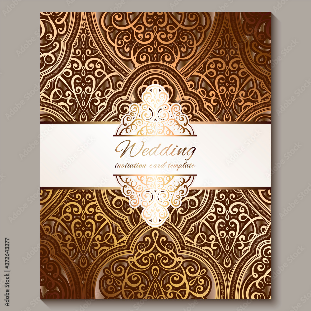 Wedding invitation card with bronze and gold shiny eastern and baroque rich foliage. Ornate islamic background for your design. Islam, Arabic, Indian, Dubai.