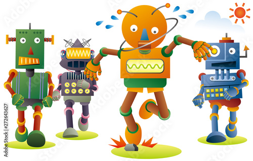 ジョギングするロボット達。つまずいたオレンジロボット。