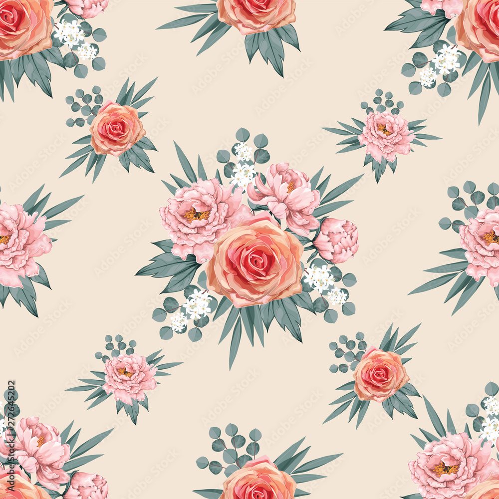 Seamless pattern beautiful pink Paeonia and Rose vintage flowers background.Vector illustration watercolor style.