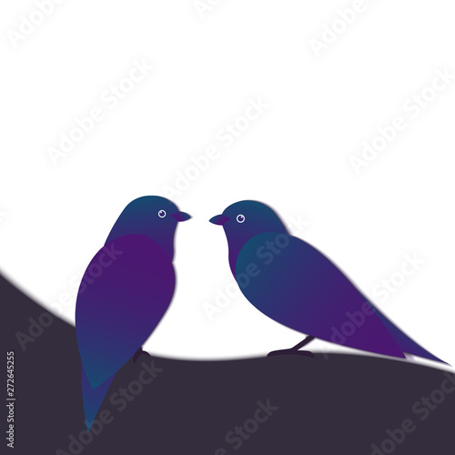 love birds sit on the white background. Paper cut style.  Vector illustration.