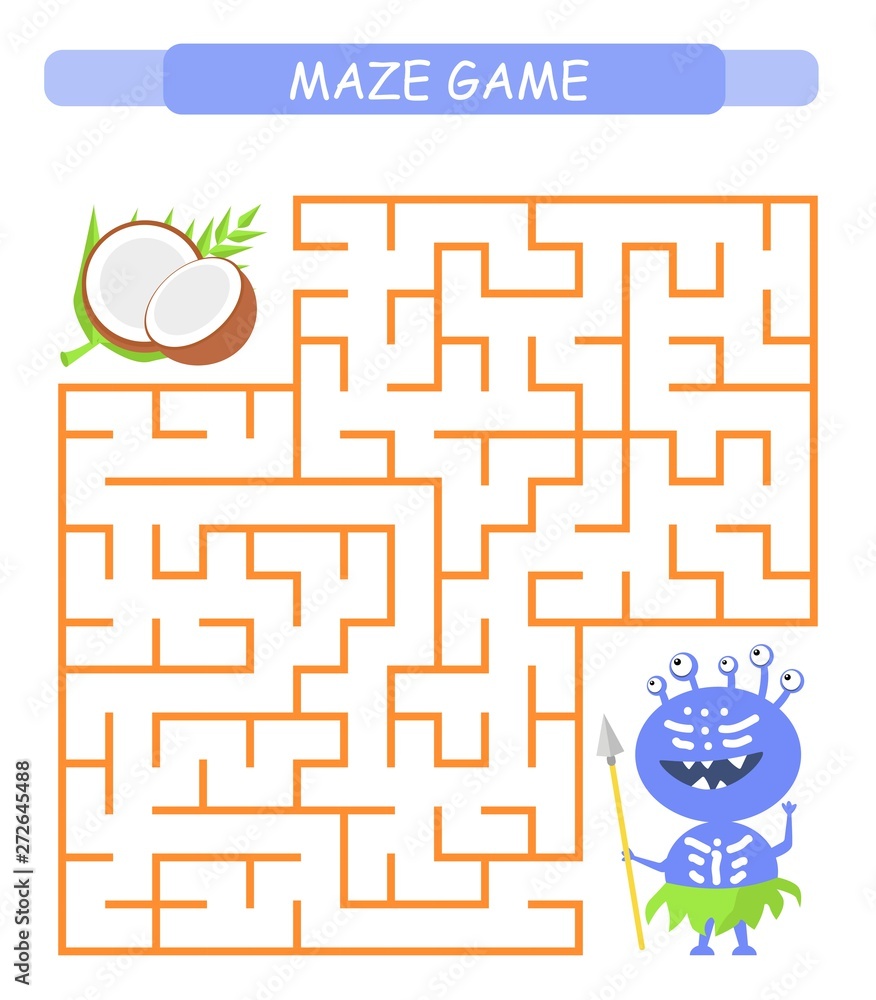 Maze game for children. Help the monster to find the coconut. Maze game for children. Help the monster to find the coconut.