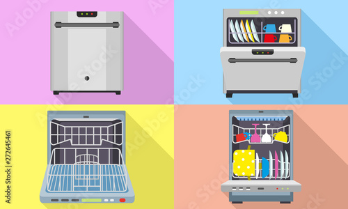 Dishwasher icons set. Flat set of dishwasher vector icons for web design