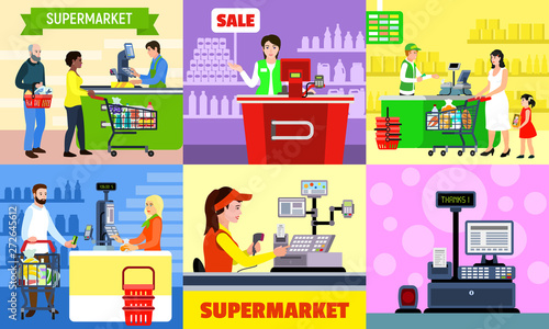 Cashier banner set. Flat illustration of cashier vector banner set for web design