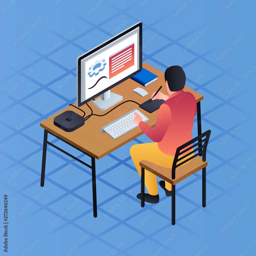 Man work distant concept background. Isometric illustration of man work distant vector concept background for web design