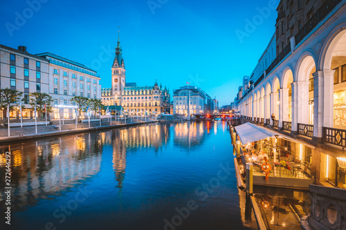 Hamburg skyline with city hall at twilight, Germany