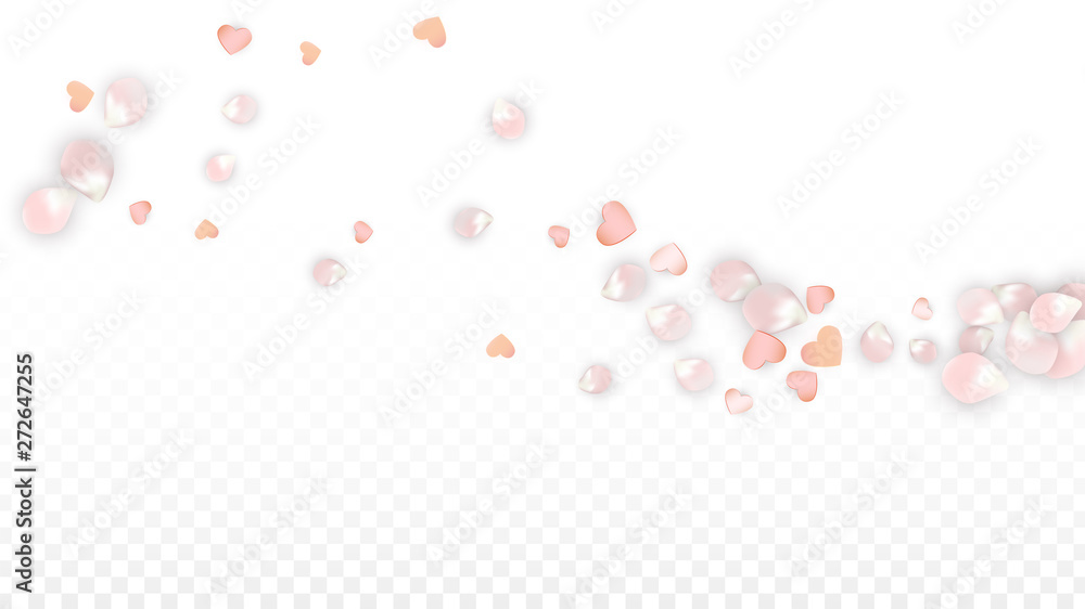 Vector Realistic Petals and Hearts Confetti. Flying Sakura and Hearts on Transparent Background. Wedding Invitation Background. Spring Romance Poster. Vector Illustration for Anniversary Design.