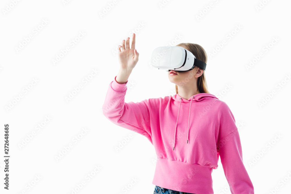 teenage girl in pink hoodie wearing vr headset and gesturing isolated on white teenage girl in pink hoodie wearing vr headset and gesturing isolated on white