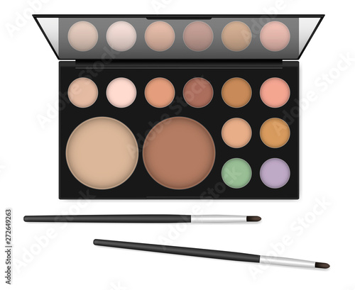 Make-up concealer brushes and open makeup concealer kit case with mirror isolated on white background, realistic vector illustration