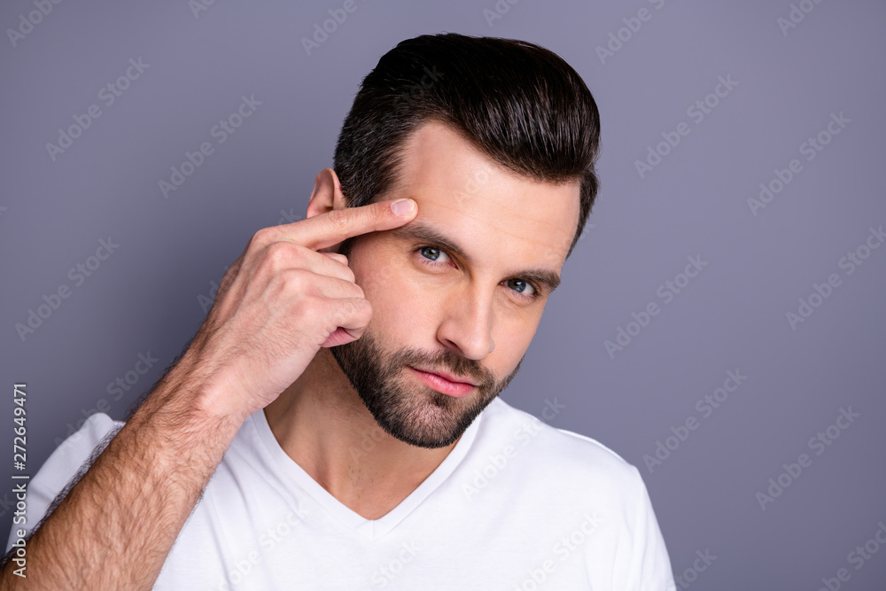 Close up photo amazing he him his macho perfect appearance touch hand temple not sure good quality stylist work not smiling look mirror bath shower wear casual white t-shirt isolated grey background Close up photo amazing he him his macho perfect appearance touch hand temple not sure good quality stylist work not smiling look mirror bath shower wear casual white t-shirt isolated grey background