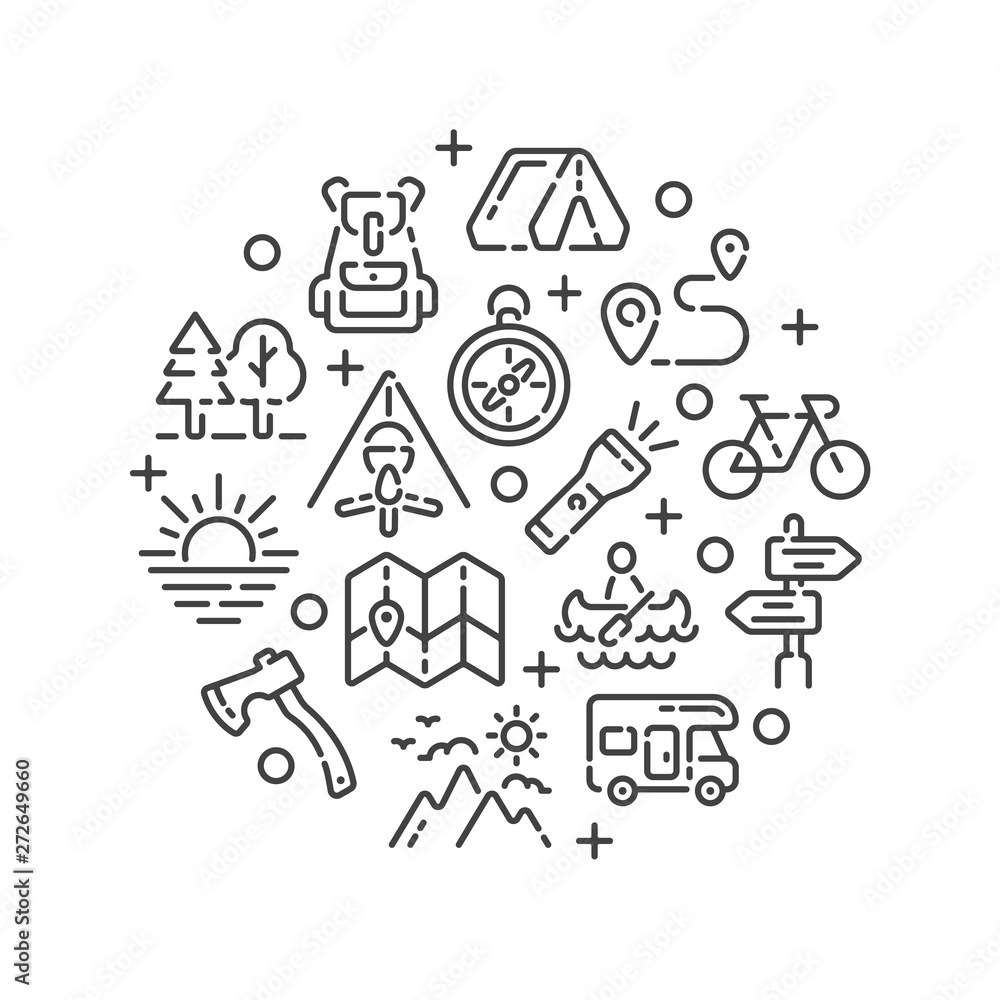 Line design with summer camping trip or tourism elements isolated on white background. Vector illustration.