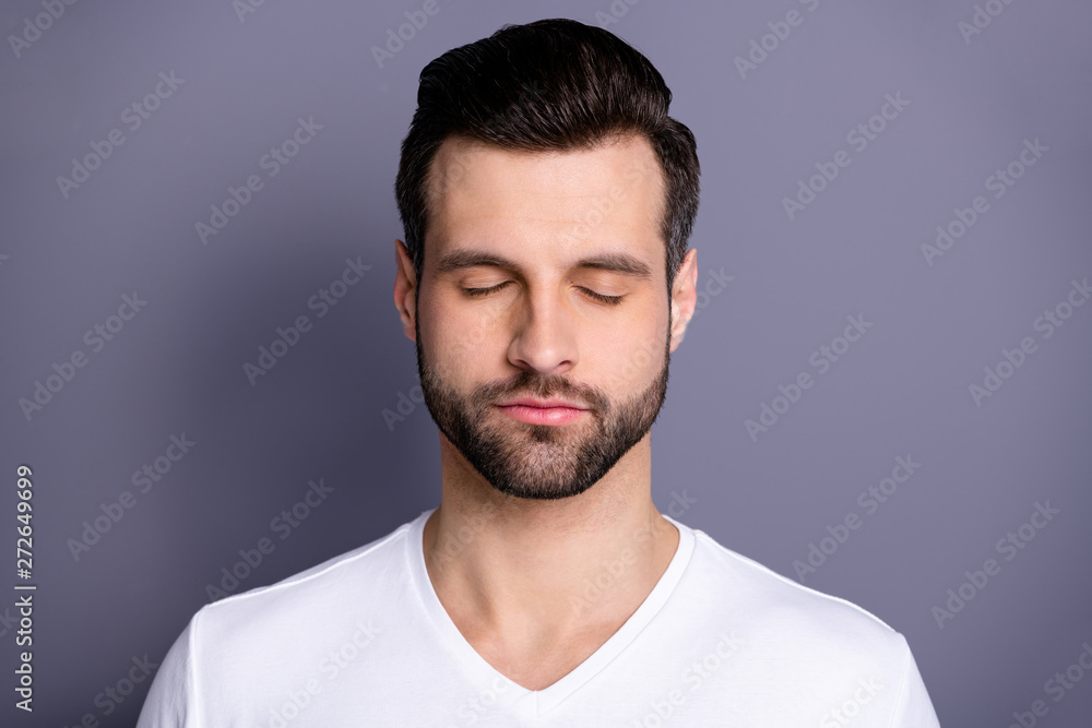 Close up photo amazing he him his macho perfect ideal appearance bristle easy-going person eyes closed calm not talk tell speak say smile refreshment wear casual white t-shirt isolated grey background Close up photo amazing he him his macho perfect ideal appearance bristle easy-going person eyes closed calm not talk tell speak say smile refreshment wear casual white t-shirt isolated grey background
