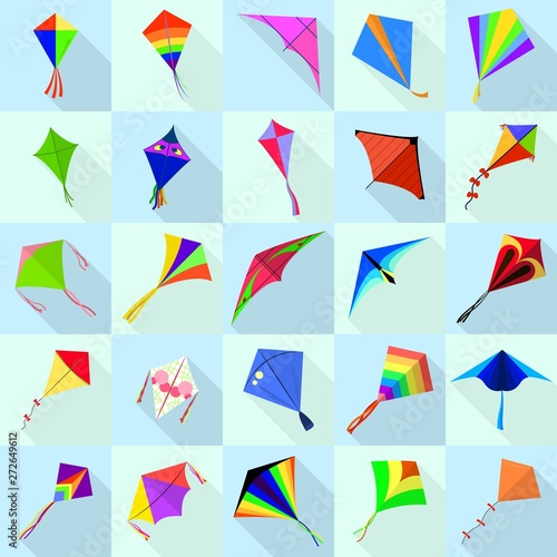 Kite icons set. Flat set of kite vector icons for web design