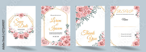 Wedding Invitation card with pink rose flowers Eucalyptus leave and gold frame on white background.Vector illustration watercolor drawing.