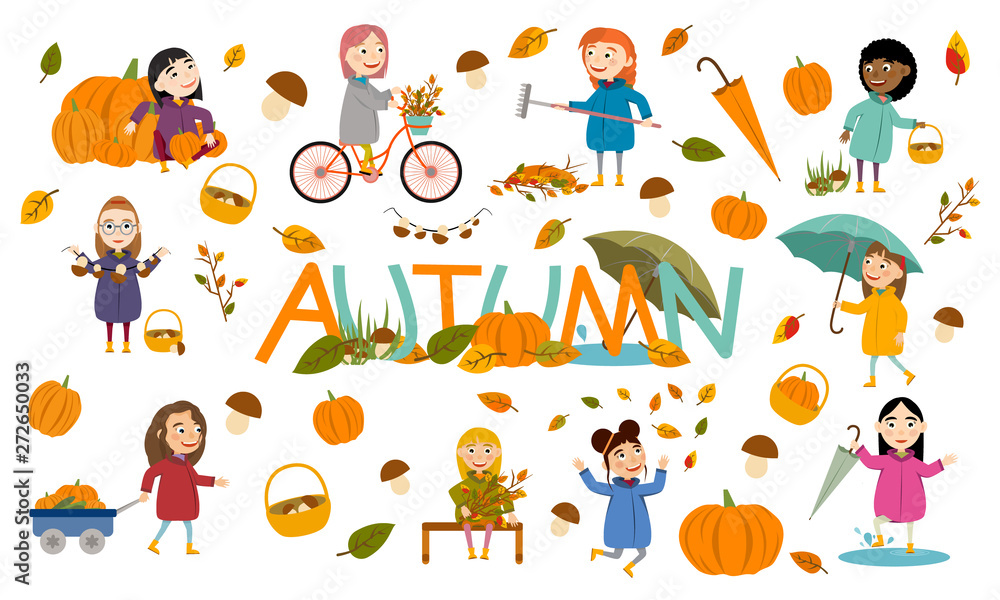 Set of different girl in an autumn jacket plays with leaves, launches a paper boat, rides a bicycle, carries pumpkins and has fun in the fall. Cute Vector Illustration Set of different girl in an autumn jacket plays with leaves, launches a paper boat, rides a bicycle, carries pumpkins and has fun in the fall. Cute Vector Illustration