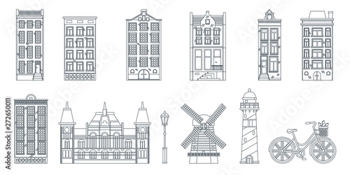 Amsterdam city buildings line art black white isolated icons. Vector illustration. Travel to Netherlands design elements