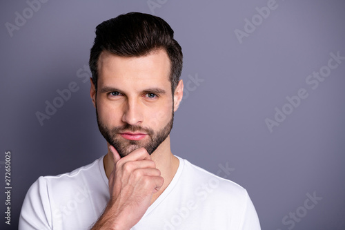 Close up photo amazing he him his macho perfect appearance look bath mirror shower groomed neat stubble mustache test quality new balm gel wondered wear casual white t-shirt isolated grey background