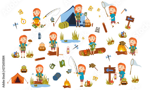 Set a redhead girl tourist on nature. Camping. Fishing, overnight in a tent, picking mushrooms, fun and relaxation. Children's camp. Scouts. Cute Vector Illustration