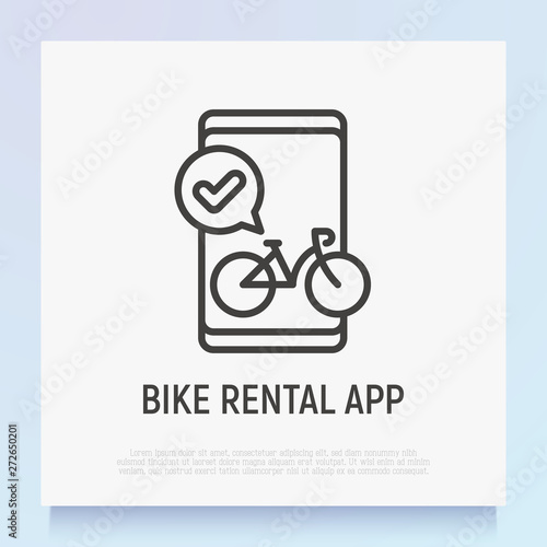 Bike rental app. Thin line icon: bicycle with check mark on smartphone screen. Modern vector illustration.