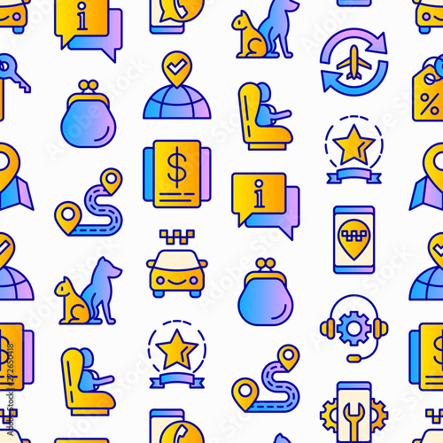 Taxi app seamless pattern with thin line icons: payment method, promocode, app settings, info, support service, phone number, location, pointer, airport transfer, baby seat. Vector illustration.