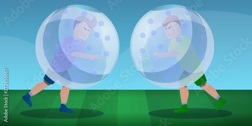 Zorb soccer play concept banner. Cartoon illustration of zorb soccer play vector concept banner for web design
