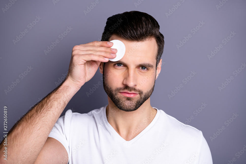 Close up photo amazing he him his macho hairdo after barber shop stylist visit clean facial perfect ideal skin moisturizer look mirror bath shower wear casual white t-shirt isolated grey background Close up photo amazing he him his macho hairdo after barber shop stylist visit clean facial perfect ideal skin moisturizer look mirror bath shower wear casual white t-shirt isolated grey background
