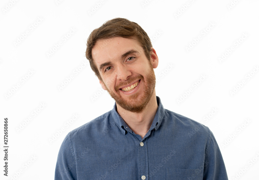 Fototapeta premium Portrait of attractive cheerful young man with smiling happy face. Human expressions and emotions